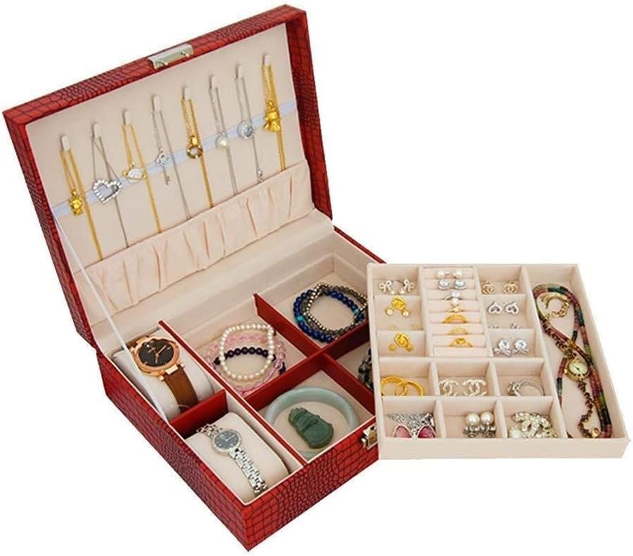 Leather Travel Jewelry Box with Safety Lock Velvet Jewelry Organizer for Women Compact Travel Case for Rings Necklaces