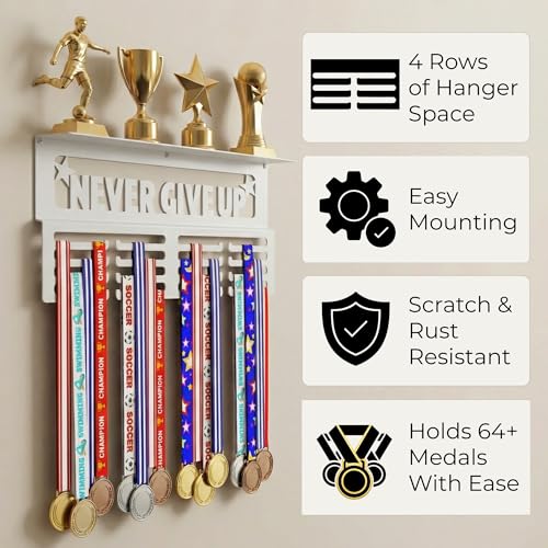 Image of AGATHOS HOME Medal Hanger Display with Trophy Shelf - Metal Awards Rack for Walls Holds 64+ Sports Medals- Our Never Give Up 16 inch Medal Holder Awards Trophy Display