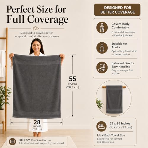 Image of 100% Pure Cotton Bath Towel for Men & Women | 380 GSM Ultra Soft, Highly Absorbent & Quick Dry Bath Towel | Large 55 x 28 Inch Matty Terry Towel for Bathroom, Gym, Travel & Daily Use | Charcoal Grey