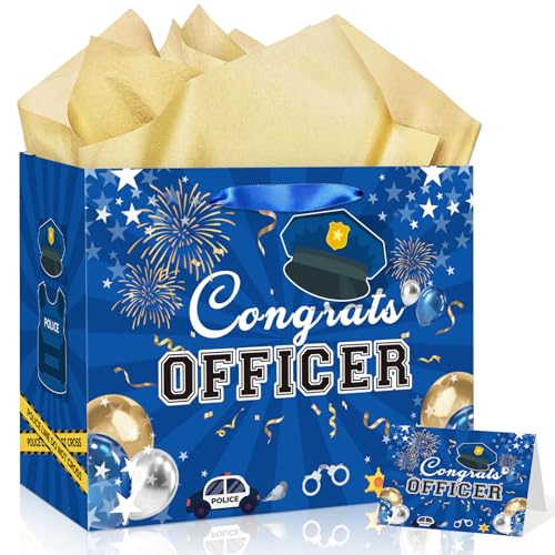 Police Officer Gift Bag with Tissue Paper and Card, Congrats Grad Gift Bag Police...