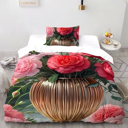 Housse de Couette Fleurs Rouges Microfibre Lit Simple 135x200 Parure de Lit Plantes Imprimé 3D - 2