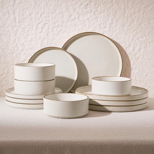 Image of Famiware Nebula Plates and Bowls Sets, 12 Pieces Stoneware Dinnerware Sets, Reactive Glaze Dish Set, Dishes Set for 4, Matte Beige White with Brown Rim