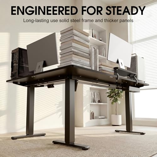 Image of Furmax 63 x 47 Inch L Shaped Standing Desk with 2 Preset Heights, Electric Height Adjustable Computer Desk, Corner Sit Stand Desk for Home Office, 2 Hooks & Feet Balance (Black, 63 x 47 Inch)