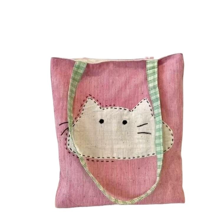 Cute Cartoon Cat Pink Canvas Shoulder Bag for Women - Versatile Single Shoulder Tote