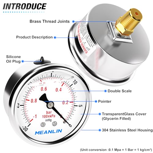 Image of MEANLIN MEASURE -30inHG~0Psi Stainless Steel 1 /8 inch NPT 2.5 inch FACE DIAL Vacuum Pressure Gauge, Center Back Mount, with 1 /4 inch NPT and 3 /8 inch NPT Hex Bushing
