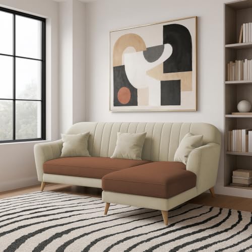 Image of Atticus RHS 4 Seater L Shape Sofa Set with Ottoman for Living Room (Cream Brown Fabric) Premium Fabric Sofa Set