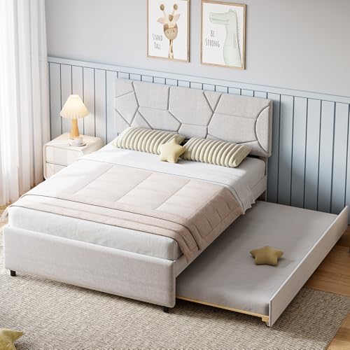 Garvee Queen Size Bed Frame with Trundle Upholstered Platform Bed Frame with Headboard Trundle Bed Twin Wood Slat Support for Bedroom Living Room Guest Room