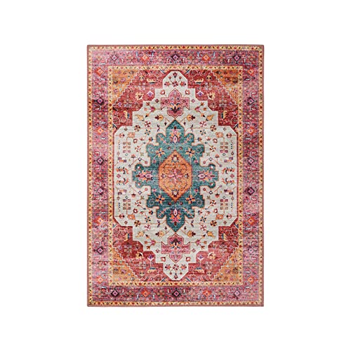 Moynesa Ultra-Thin Washable Pink Area Rug - 2x3 Small Pink Washable Bedroom Rug Entry Mat, Vintage Non-Slip Non-Shedding Low Pile Indoor Throw Carpet for Laundry Living Room Hardwood Floors Kitchen