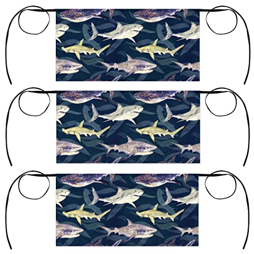 bisibuy 3 Pack Server Aprons with 3 Pockets, Shark Watercolor Waitress Waiter Wasit Apron for Women Men Restaurant Bistro Cafe Bars Half Aprons Waitress Server Accessories