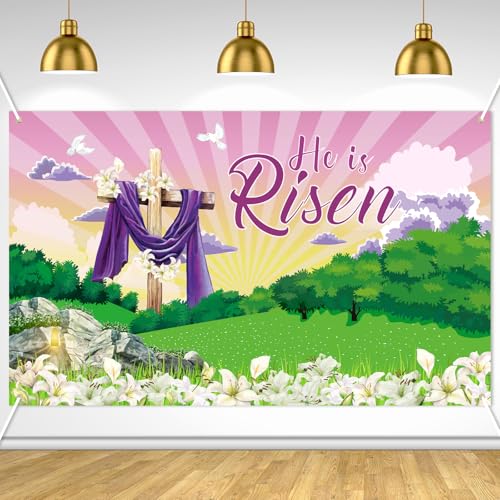 Image of Large He is Risen Easter Banner Decorations Flag Outdoor 72x44 Inch, Cross Sign Christian Jesus Lily Flowers Banner for Indoor Home House Decor Party Supplies, Spring Yard Sign Background for Photography