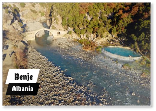 Aerial View of People Swimming and Bathing in Hot Springs Thermal Baths. Kadiut Bridge, Benje, Permet, Albania. Ancient Stone Bridge. Beautiful Natural Wonders. Holidays and Leisure, Fridge Magnet