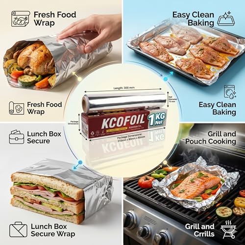 Image of Aluminium Foil Roll -1Kg | ISI Certified | 18 Micron Thickness Food-Grade Silver Foil Paper for Lunch & Tiffin | Multipurpose Kitchen Wrap for Cooking, Baking, Grilling & Food Storage | Pack of-1