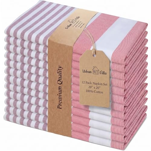 Urban Villa Cloth Napkins Cotton 20x20 (Set of 12) Garnet Red Stripes