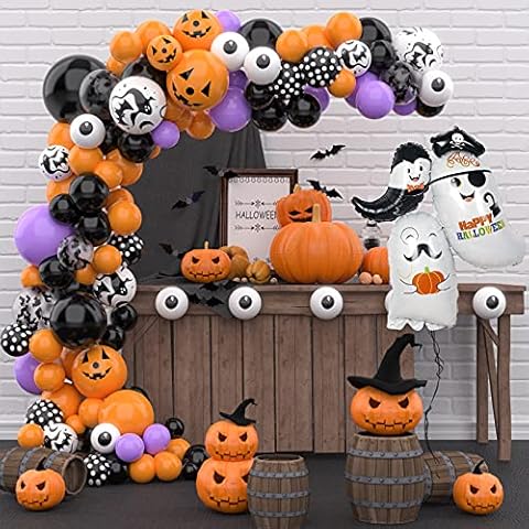 YEJIKJ Halloween Balloon Arch Kit, Black Orange Purple Confetti Latex Halloween Balloons, Pumpkin Ghost Bat Eyeballs Balloons with 3D Bat Stickers for Scary Halloween Party Decorations Cover