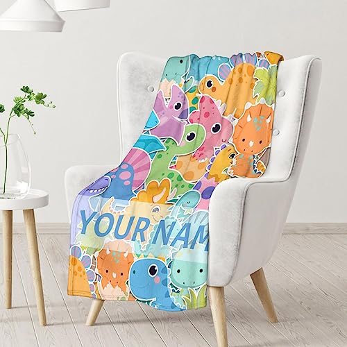 Personalized Dinosaur Blanket Gifts with Name - 30"x40" Cute Throw for Girls & Boys - Colorful Soft Fuzzy Blankets for Couch & Office