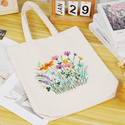 Image of Embroidery Kit Canvas Tote Bag, Hand Embroidery Kit with Floral Pattern for Beginners, Cross Stitch Kits for Adults, Arts and DIY Crafts Kits, Embroidery Starter kit with Embroidery Bag and Tools