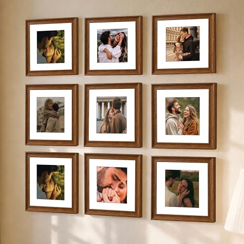 Image of Art Street Wooden Photo Frame for living room, Aesthetic Cave Design Photo Frames for Photograph, Art Work, Certificates Set of 9 (12x12 Inch, Brown)