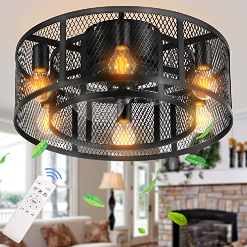 Ceiling Fan with Lights, Ohniyou 21 in 6-Light Low Profile Fans Ceiling with Lights Remote Control Indoor Black Small Caged Flush Mount Ceiling Fan Lighting for Low Ceilings Kitchen Bedroom Living Room