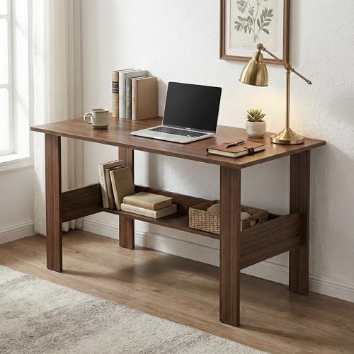 Image of Linea Study Desk with Lower Storage Shelf, Compact Writing Table & Laptop Station for Home Office and Students, 90x50x75cm (Oak Brown)