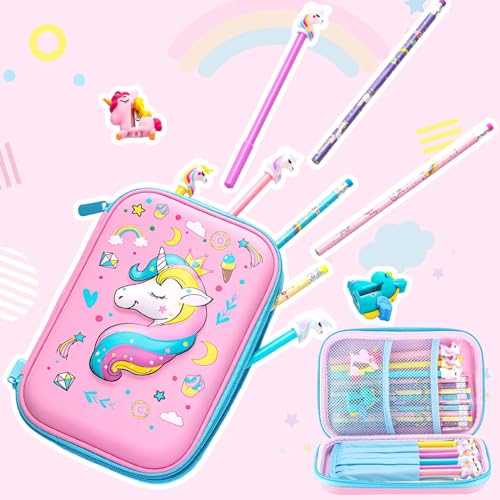 Eccliy 20 Pcs Pink Clear Unicorn Backpack Set Supplies Kit Unicorn Stationery Transparent Backpack Lunch Bag 3D Pencil Case with Compartment Pens Pencils and Sharpeners for Gifts4
