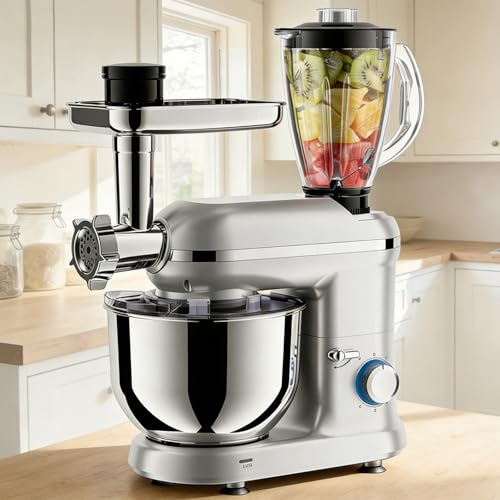 lilishangmao Batidora De Pie 5 En 1, 1900 W, Eléctrica, con Tazón De Acero Inoxidable, 6 Velocidades Y Función De Pulso. Incluye Gancho Amasador,Batidor Plano,Varillas,Picadora De Carne Y Licuadora