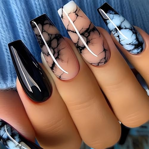 24 Pcs Marble Press On Nails Extra Long False Nails Ballerinas Acrylic Nails Glossy Full Covers Stick on Nails for Woman - Image 4