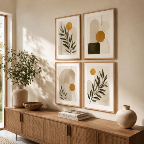 Image of Livin'luxe Set of 4 Minimalist Botanical Geometric Wall Paintings with Sparkle Laminate and Premium Wooden Synthetic Frame for Living Room Bedroom Office Decor (13.5 x 19.5 Inch)