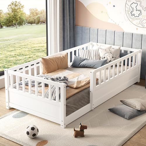 Bellemave Twin Size Floor Bed with High Fence Wood Montessori Bed with Slats and Guardrails Montessori Floor Beds Frame for Kids Girls Boys White