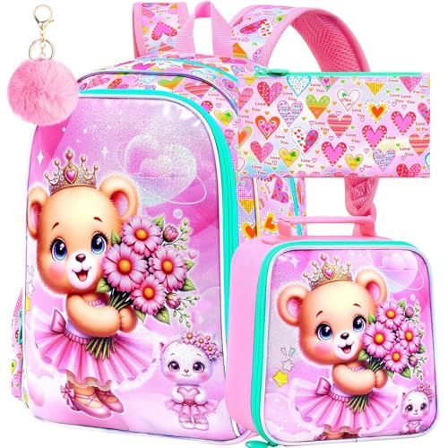 Image of CCJPX 16 inch Bear Backpack for Girls, 3Pcs Kids Bookbag with Lunch Box, Water Resistant Elementary School Bag for Kindergarten Preschool Toddler (Pink)