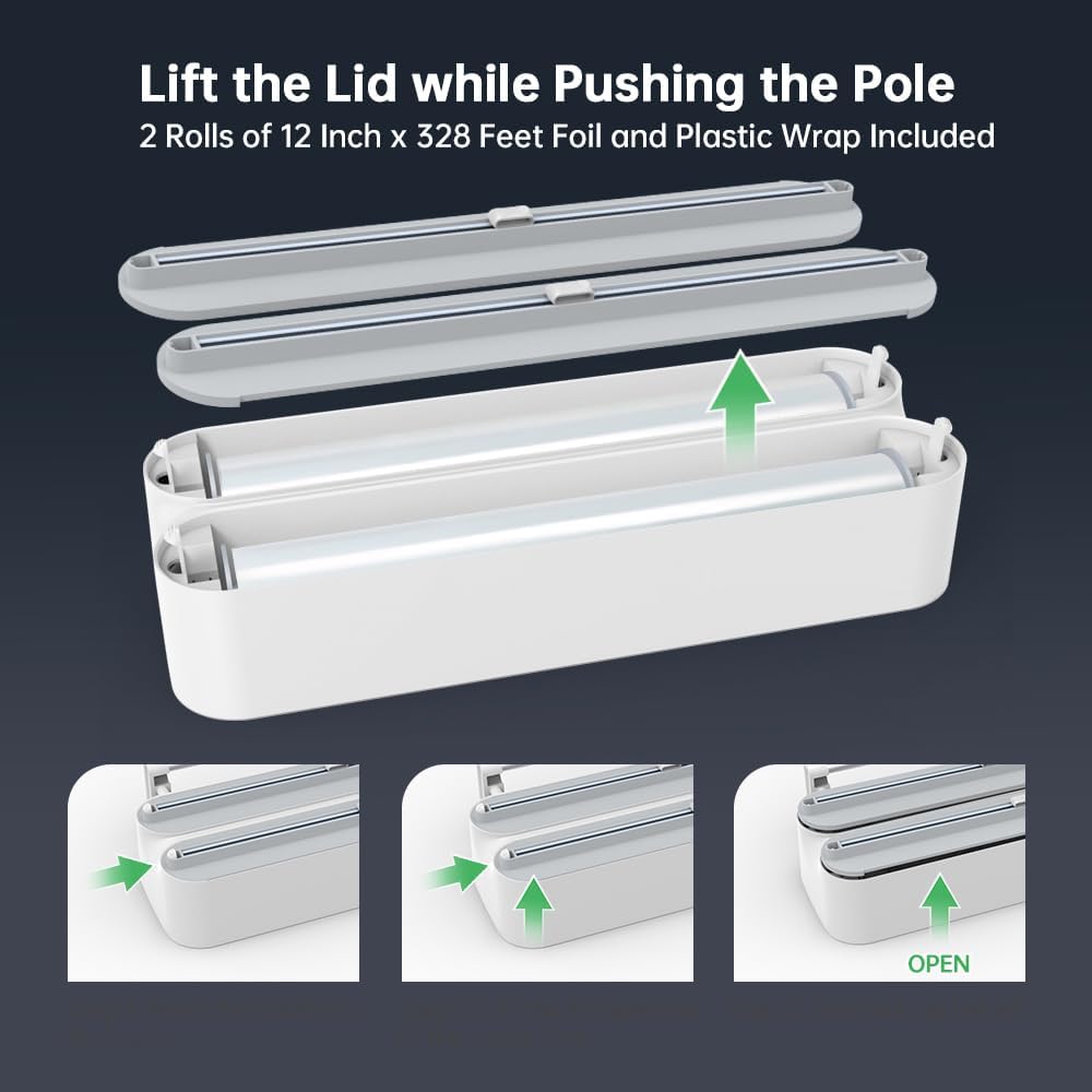 Magnetic Wrap Dispenser with Cutter, 3-in-1 Kitchen Organizer for Plastic Wrap, Aluminum Foil & Paper Towel Holder, Sliding Cutter, Fridge or Wall Mount Storage, Includes Plastic Wrap and Foil