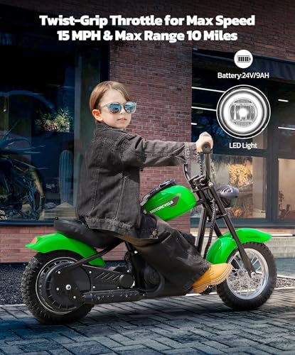 Image of ELEMARA Electric Dirt Bike, 15 mph & 150lb Max, 24V Ride on Toy for Big Kids w /LED Lights & Power Display,Chain-Driven Motor,Twist-Grip Throttle, Shock Springs,Handbrake,12 inch Air-Filled Tires-Green