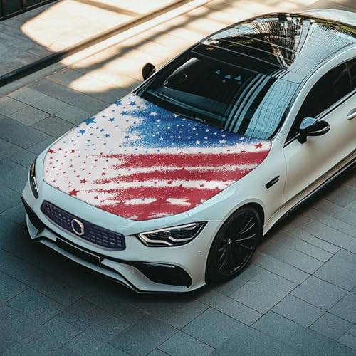 Image of American Flag Print Hood Cover for Compact Car SUV Sedan Truck, Patriotic Decorations, Waterproof Stretchable Car Hood Wrap Blanket, Auto Accessories (59x39 Inch)