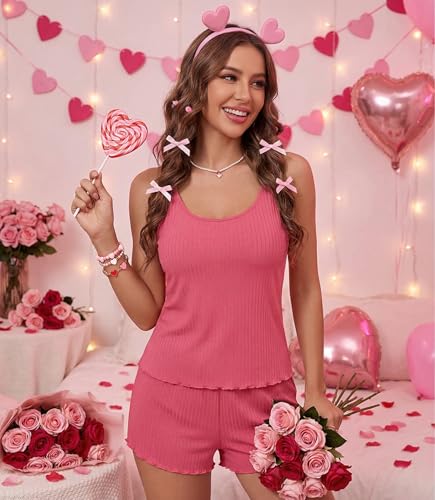 Image of Ekouaer Womens Cami Pajama Sets 2 Piece Ribbed Knit PJs Tank Top and Shorts Set Lingerie Sleepwear