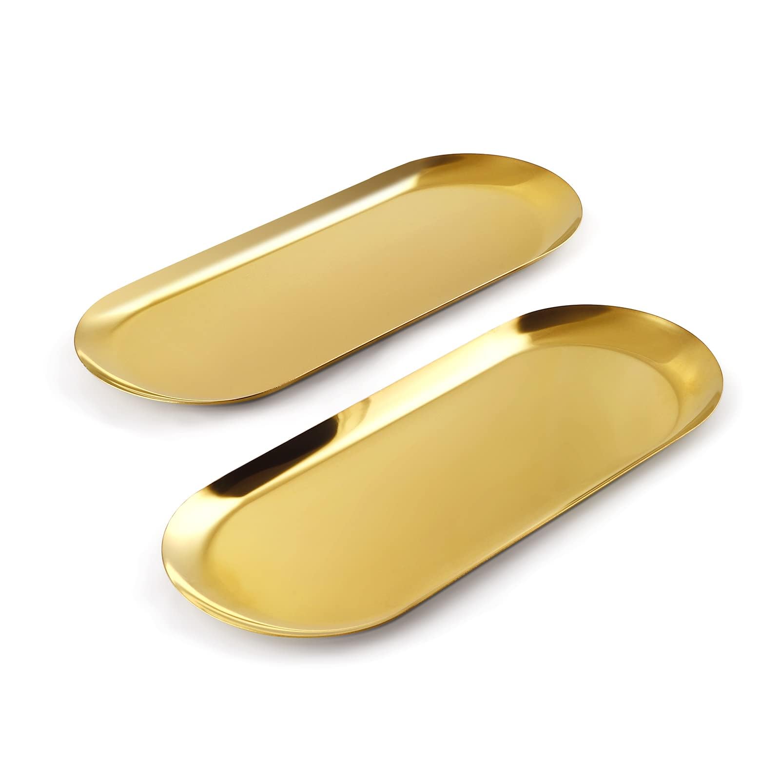 Vassoio da portata in acciaio inox dorato, 2 pezzi Ovale cosmetici vassoio decorativo per piccoli oggetti, vassoio dorato per Caffe, gioielli, candele, 30 x 12 cm