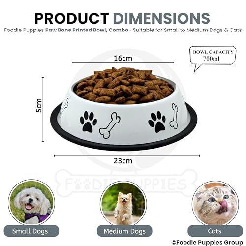 Image of Foodie Puppies Stainless Steel Dog Bowl Combo - (Medium, 700ml) Food and Water Feeding Gift Bowl | Suitable for Dogs, Cats and Other Pets I Paw Bone Print, Anti-Skid Rubber Base (White + Black)