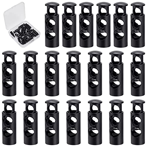 GORGECRAFT 1 Box 20Pcs Alloy Drawstring Cord Locks End Spring Stop Toggle Stoppers Black Double Hole Loaded Stop Sliding Cord Fastener Locks Buttons for Sweatpants Backpacks Drawstrings Shoestrings