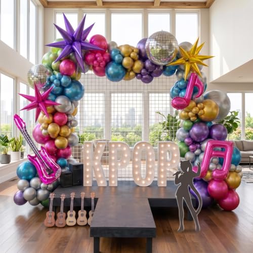 Chrome Hot Pink Purple Green Blue Metallic Balloon Garland Arch Kit with Star Disco Ball Foil Balloons, 80s 90s K-Pop Music Theme Birthday Party Decorations, Class of 2026 Prom Graduation Supplies