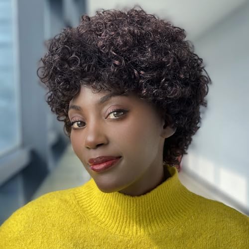 DÉBUT Short Curly Wig 100% Human Hair Wigs For Women Dark Brown Afro Curly Wig with Bangs Pixie Cut Wig Brazilian Remy Hair (8 inches