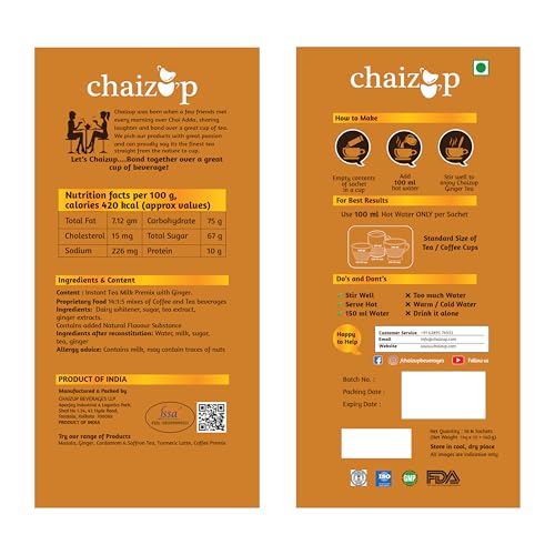 Image of Chaizup Premium 1 Min Instant Ginger Tea Premix - 10 Sachets | Ginger Flavours | 10 Servings | 140g