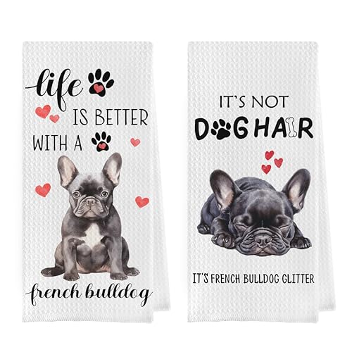 Gqtt French Bulldog Dish Towels Set - Funny Bulldog Gift Waffle Weave Kitchen Towels, Decorative Hand Tea Towels for Kitchen Bathroom (1624 Inches Set of 2)