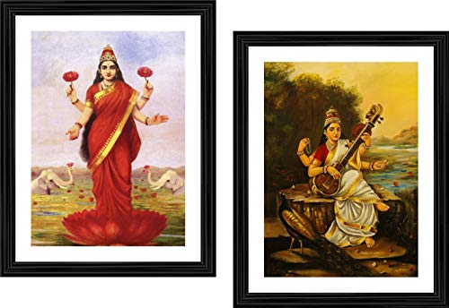 Image of Adventures� *Goddess Lakshmi & Saraswati Devi*- Two Paintings by Raja Ravi Varma, Set of 2 Wall D�cor Frames. Matt Satin Print with MDF & 1 inchPS Black Frame. Size 14 inchx18 inch each.