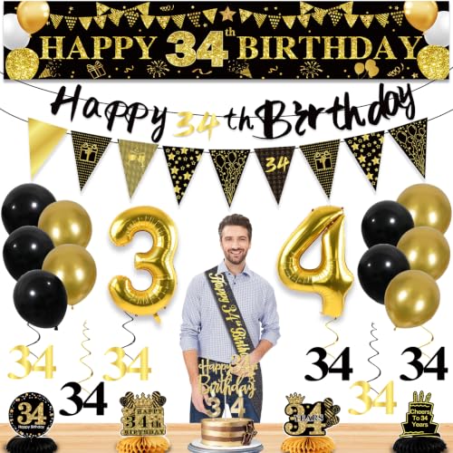 Image of 34th Birthday Decorations for Men, Black Gold 34th Party Decorations