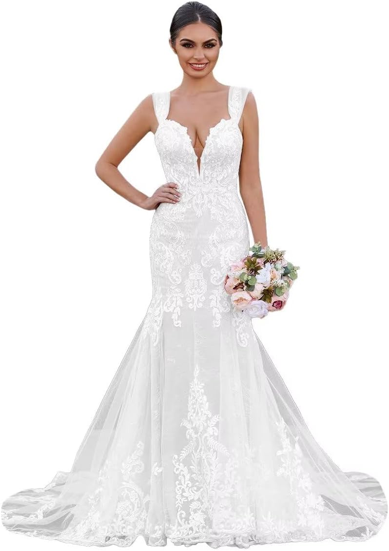 Spaghetti Straps Mermaid Wedding Dresses for Bride Long V Neck Lace Appliques Tulle Bride Gowns