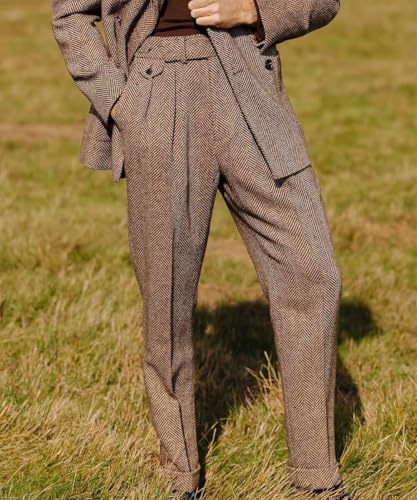 Image of Men's Herringbone Tweed Dress Pants Regular Fit Vintage Wool Trousers
