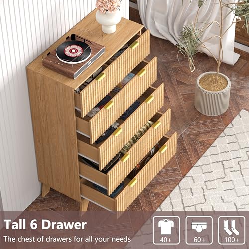 Image of Oak Dresser 6 Drawer Dresser for Bedroom, 46 inch Tall Fluted Wooden Dresser Storage Cabinet and Chest of Drawers with Metal Handle, Storage Organizer for Living Room, Hallway, Entryway, Wood Color