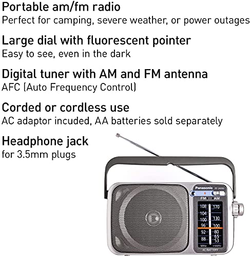 Radio portátil AM/FM RF2400D plateada con 4 pilas AA y cargador miniatura 4
