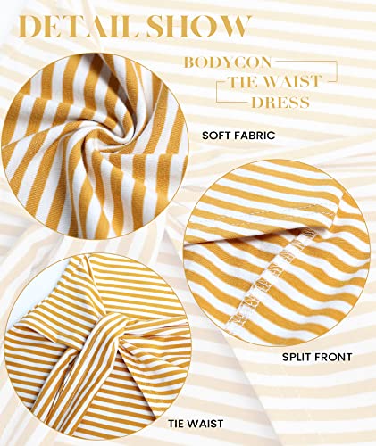 Image of NOLLSOM Women Casual Sleeveless Striped Tank Midi Dresses Halter Neck Ruched Bodycon Dresses Tie Waist T Shirt Summer Dress