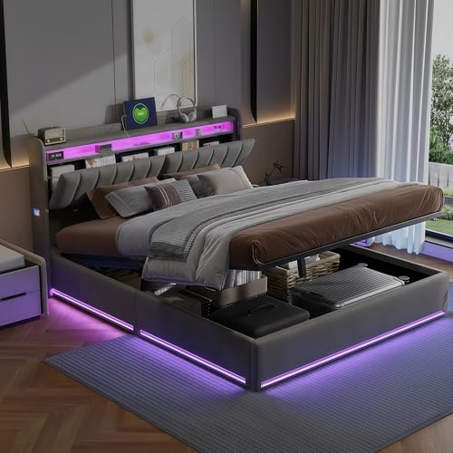 Lit Coffre 160 x 200 cm,avec Éclairage LED et Port USB,Lit Double Rembourré avec Rangement et Tete de lit,pour Adultes et Adolescents,Velours (Gris A, 160 x...