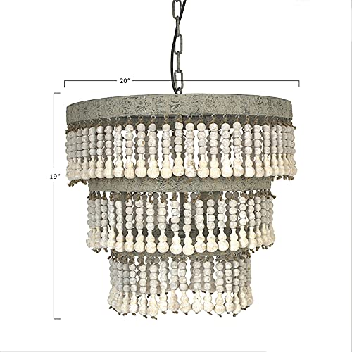Creative Co-Op 3-Tier Round Metal Chandelier with Hanging Wood Beads - Image 2