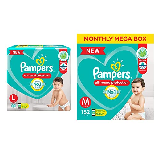 Image of Pampers Diaper Pants, Large, 64 Count & Pampers Diaper Pants Monthly Box Pack, Medium, 152 Count